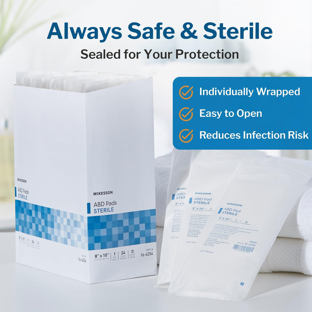 McKesson Sterile ABD Pads 8 x 10 in [24 Count] – Abdominal Pads for Wound Care, Non Stick Gauze Dressing, Surgical Absorbent Pad for Drainage and Post-Op Use