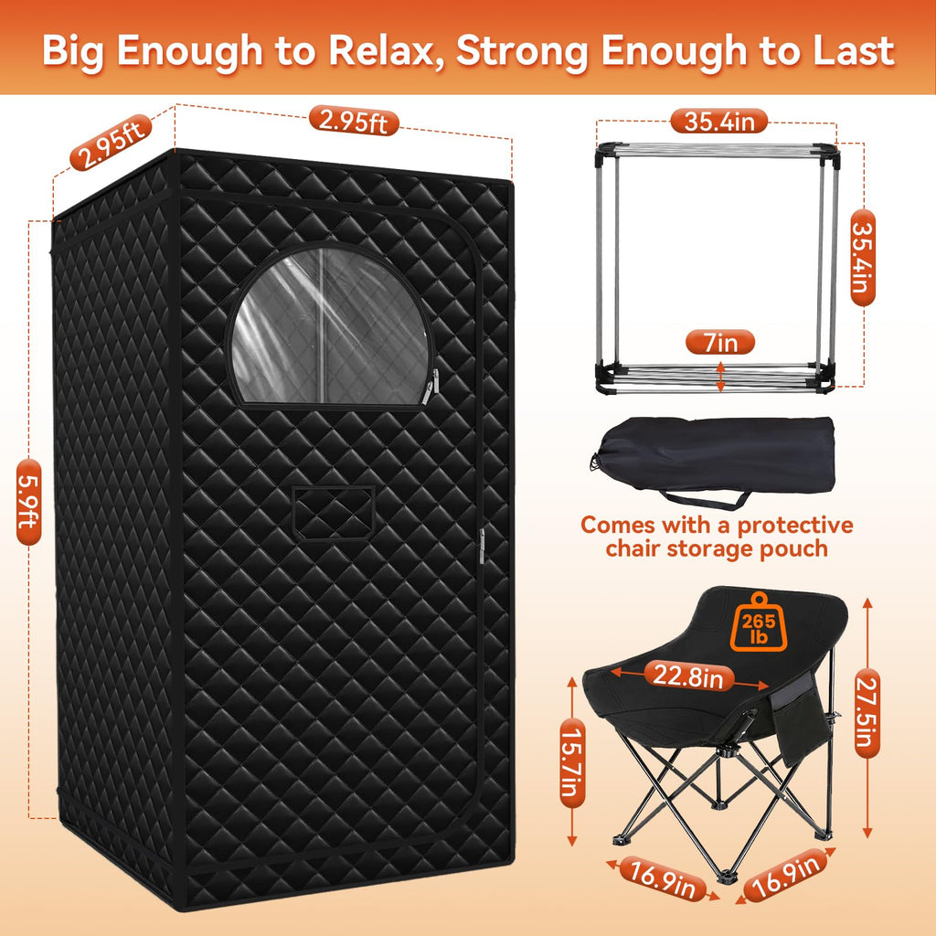 Gozuna Upgraded Portable Sauna for Home, Large Size Personal Sauna Box with 3L 1300W Steamer, Big Folding Chair, 9 Levels Heat, Full Body Steam Room Tent for Home Relaxation Spa 3'x3'x5.9' Black