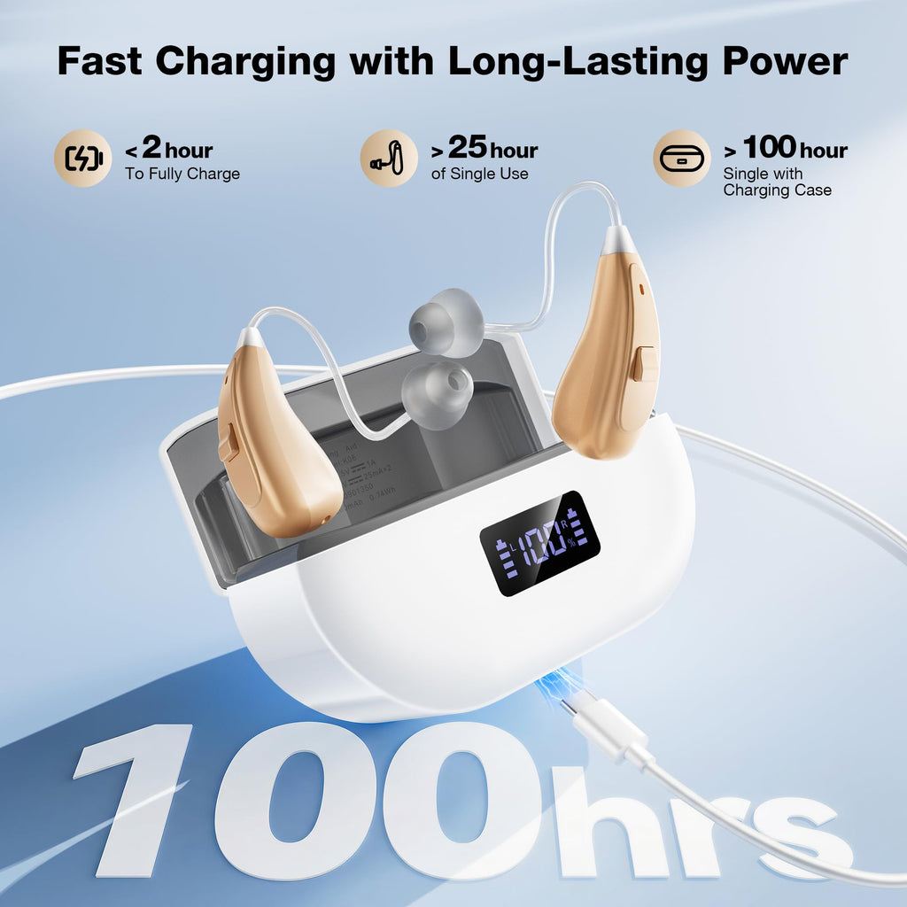 NVBOTY OTC Hearing Aids for Seniors & Adults - Rechargeable, 25+ Hour Battery Life, Advanced Noise Cancellation, 5-Level Volume & Memory, Clear Sound, Comfort-Fit, LED Display (White)