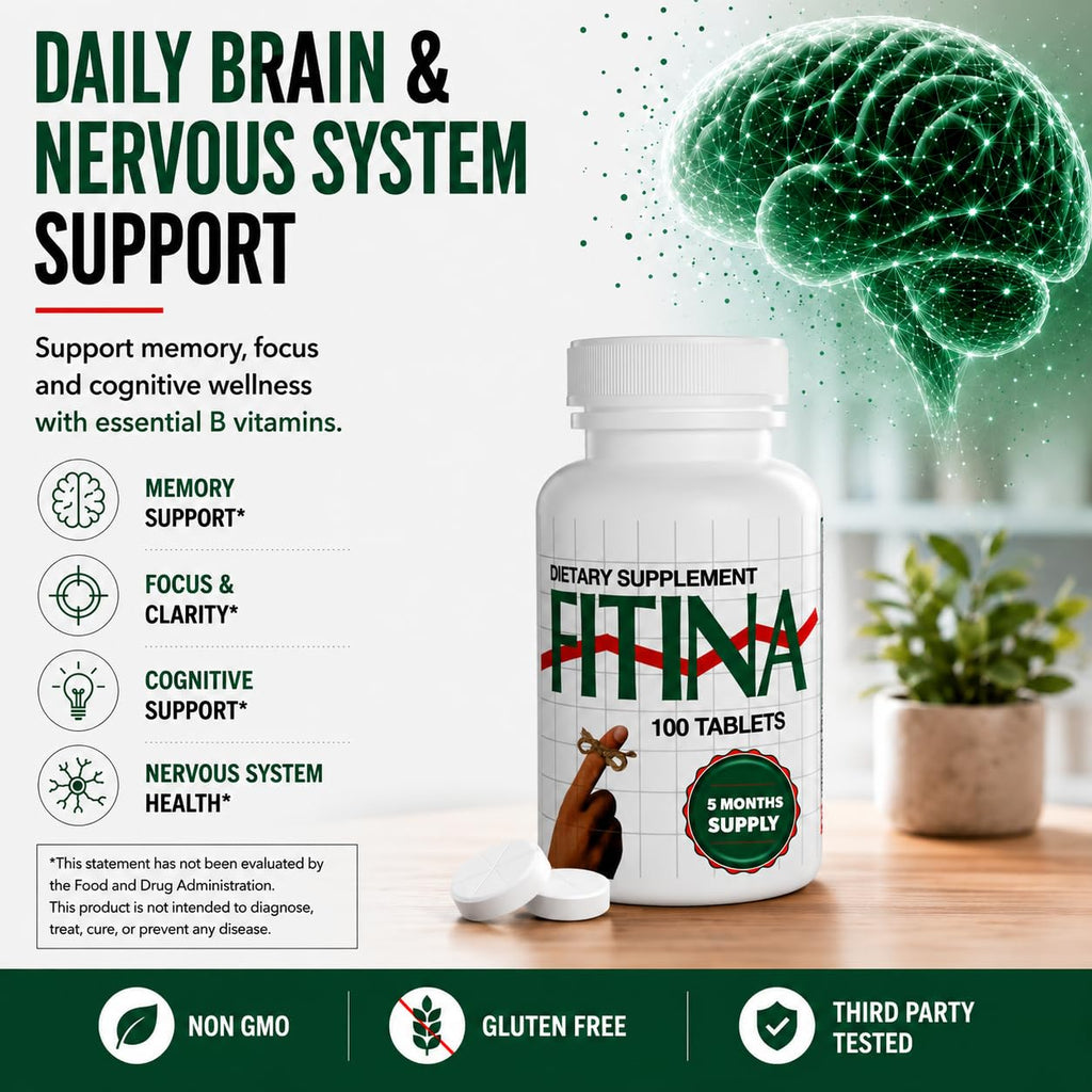 Fitina Brain Supplements for Memory and Focus with Vitamin B6 & Thiamine — High-Dose B Vitamins Nervous System and Cognitive Health Support, Daily Supplement Formula for Adults, 100 Tablets (2-Pack)
