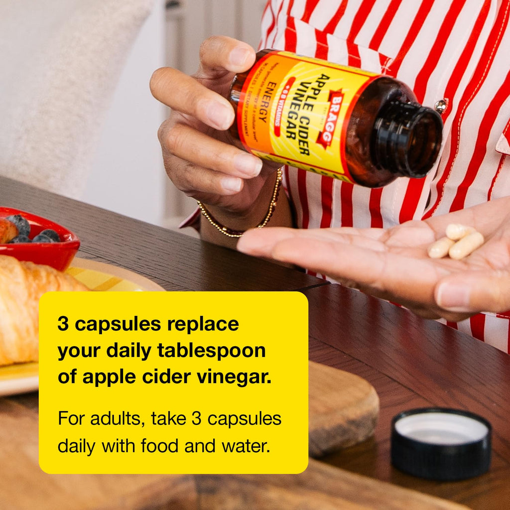 Bragg Energy Apple Cider Vinegar Capsules with B-12 Vitamins - 90 Capsules - Weight Management - Non-GMO, Vegan, Gluten Free, No Sugar - Helps Generate Energy at Cellular Level for Men and Women