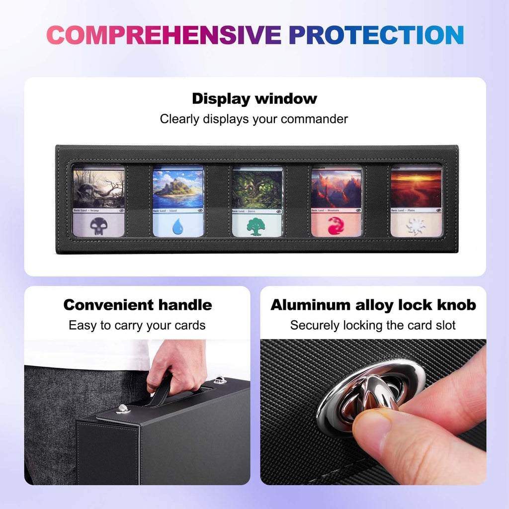 UAONO Trading Card Storage Box with Commander Display, 5 Row Magic Card Box with Handle & Aluminum Alloy Locking for 3900+ Unsleeved Cards Suits for MTG PTCG TCG Sports Cards (Black Gray)