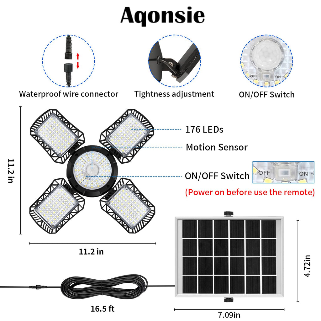 Aqonsie Solar Shed Light Outdoor Indoor, 176LED Solar Powered Motion Sensor Pendant Light Daytime Available, Solar Indoor Lights with 5 Lighting Modes & Remote for Shed Gazebo Barn Garage, 2 Pack