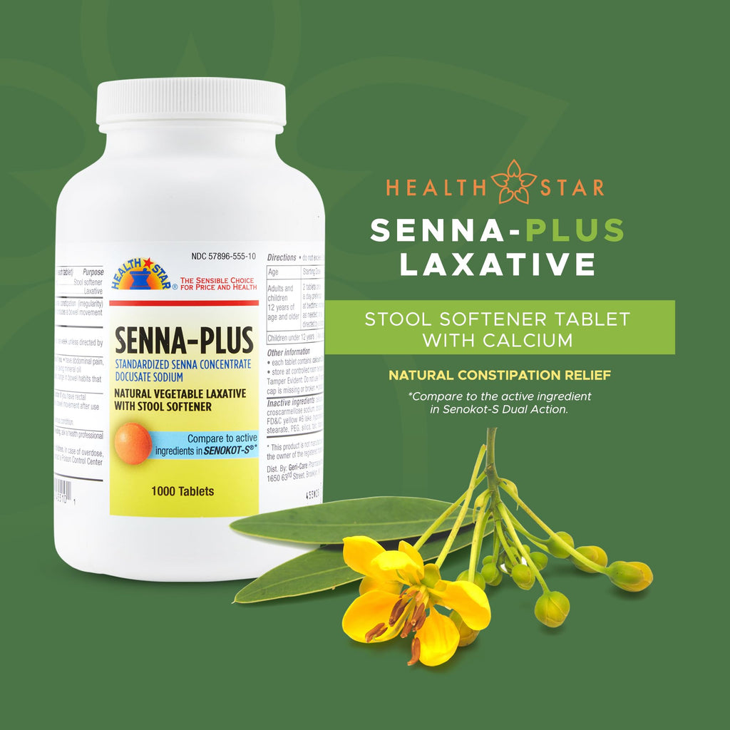 Health Star Senna Plus Laxative & Stool Softener Tablets 50mg / 8.6mg Strength Natural Vegetable Stimulant Laxative| Gentle Constipation Relief| Docusate Sodium for Bowel Movement (1,000 Tablets