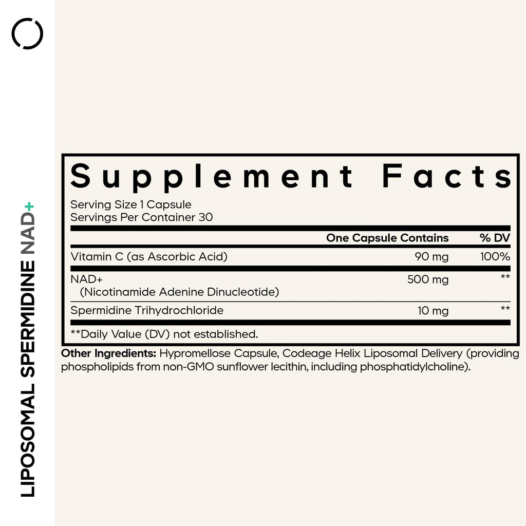 Codeage Liposomal Spermidine NAD+ Spermidine Supplement - 500 Mg NAD+ Vitamin C - Liposomal Delivery - Nicotinamide Adenine Dinucleotide Pills - 1 Capsule Per Serving - Vegan, Non-GMO - 30 Capsules