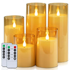 Homemory Amber Flickering Flameless Candles, Battery Operated Acrylic LED Pillar Candles with Remote Control and Timer, Fall Candles, Set of 5