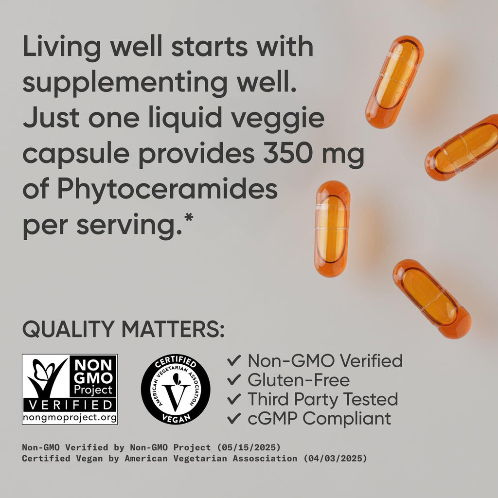 Sports Research® Phytoceramides 350 mg per Veggie Capsule - Plant Derived Ceramides for Healthy Skin and Hydration - Made with Ceratiq® · Non-GMO · Vegan Friendly - 60 Count