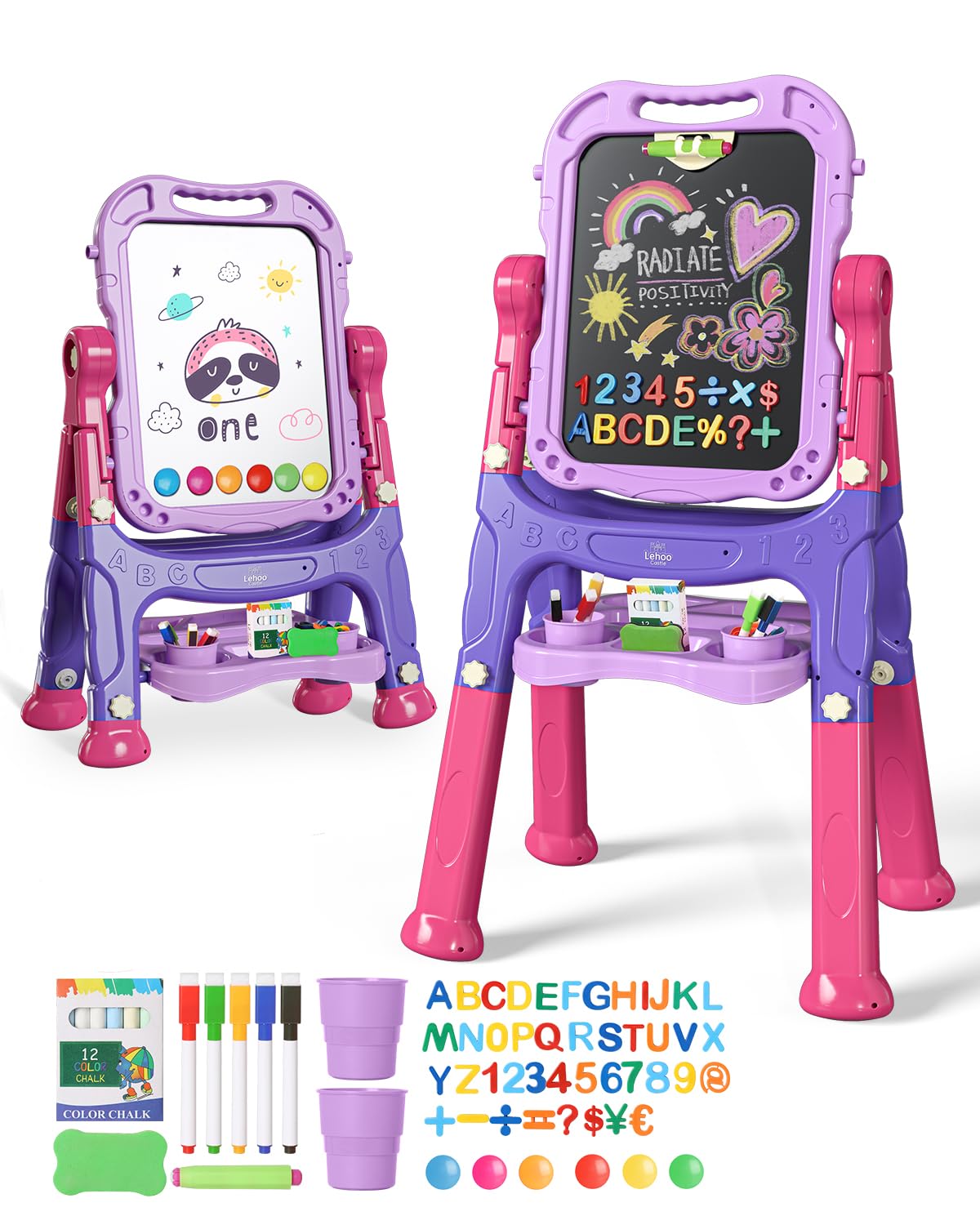 Lehoo Castle Easel for Kids, Double Sided Kids Art Easel with Magnetic White Board Chalk Board, Adjustable Standing Toddler Easel with Drawing Accessories, Gift for Girls 3 4 Years Old