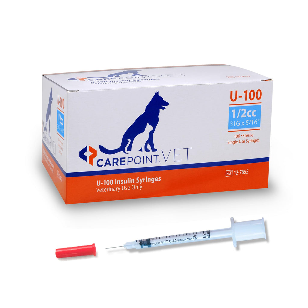 Carepoint Vet U-100 Pet Insulin Syringes, 31G x 5/16" 1/2cc, Comfortable Injection, Bold Permanent Markings for Accurate Dosage, Disposable, Box of 100