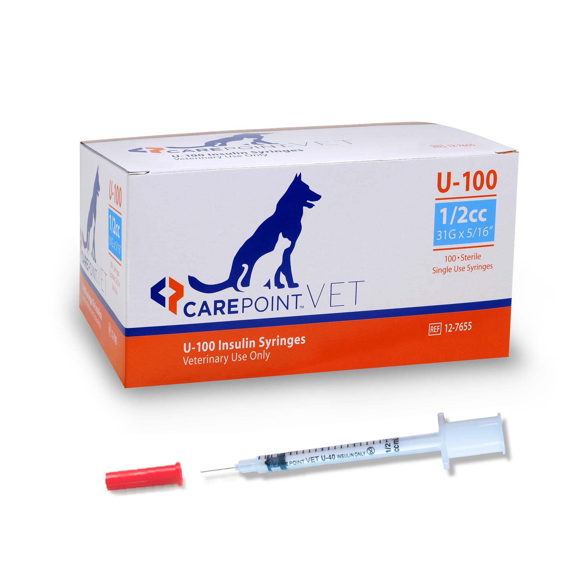 Carepoint Vet U-100 Pet Insulin Syringes, 31G x 5/16" 1/2cc, Comfortable Injection, Bold Permanent Markings for Accurate Dosage, Disposable, Box of 100