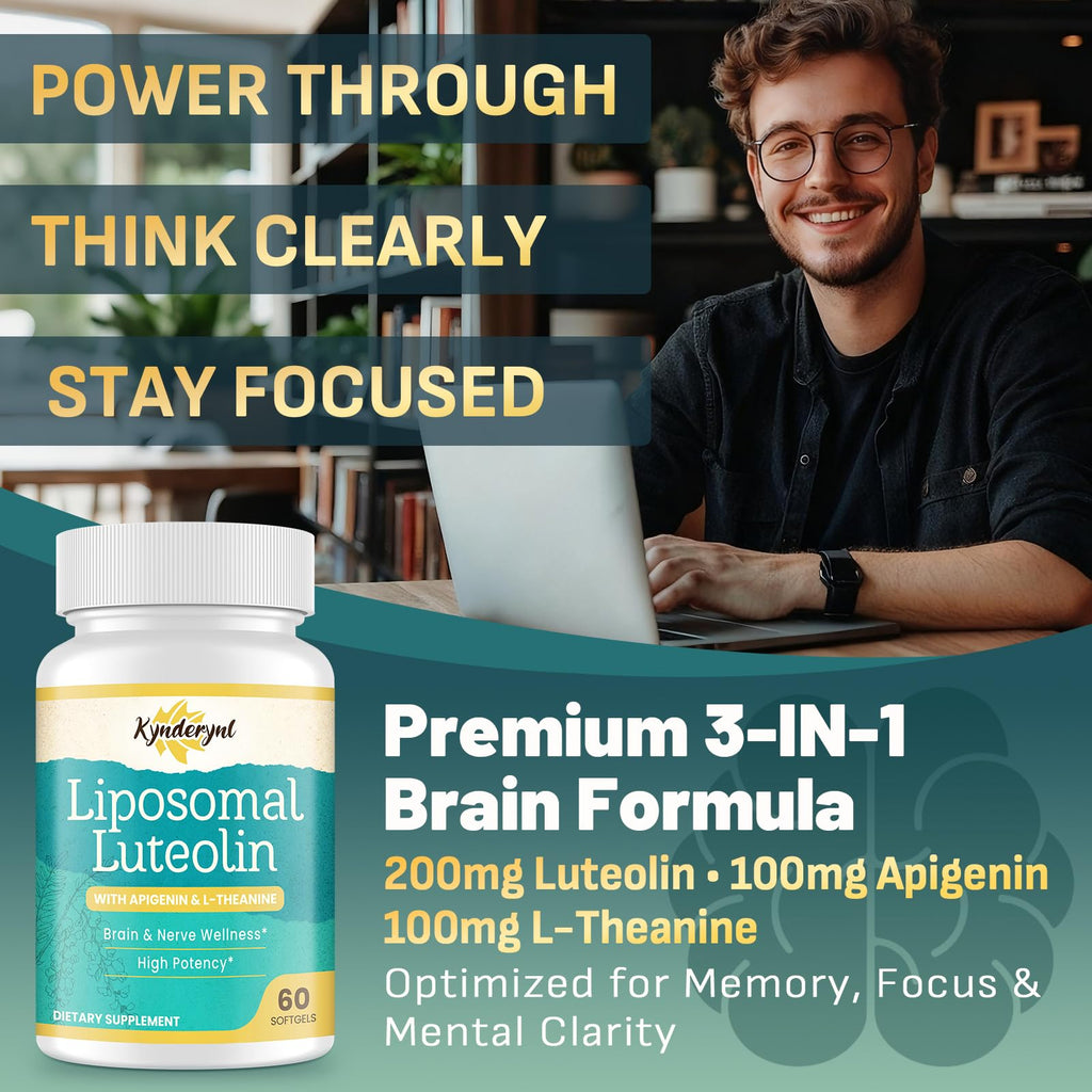 Kynderynl Liposomal Luteolin 200mg – Luteolin Supplement & Brain Supplement for Memory and Focus with Apigenin & L-Theanine – Non-GMO, Gluten-Free, 60 Softgels