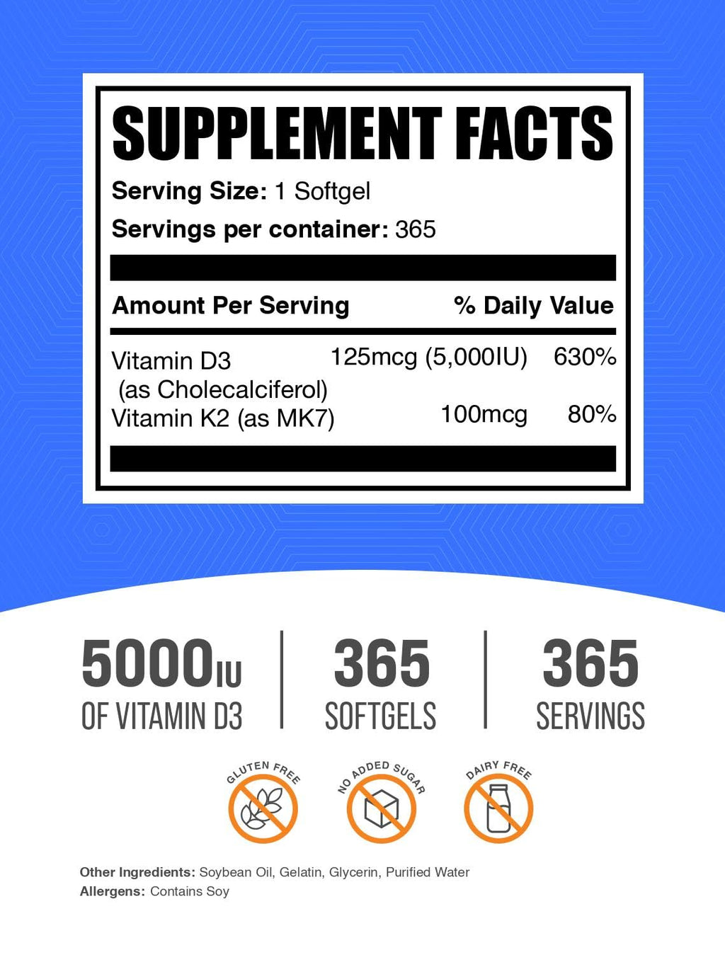 BulkSupplements.com Vitamin D3 + K2 5000 IU Softgels - D3 K2 Supplement, for Immune Health - Gluten Free, 1 Softgel per Serving, 365 Count (Pack of 1)