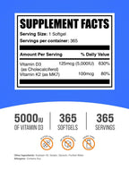 BulkSupplements.com Vitamin D3 + K2 5000 IU Softgels - D3 K2 Supplement, for Immune Health - Gluten Free, 1 Softgel per Serving, 365 Count (Pack of 1)