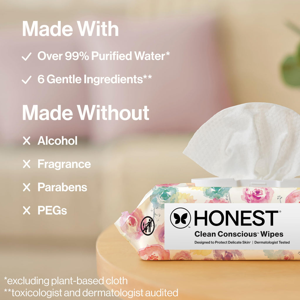 The Honest Company Baby Wipes for Sensitive Skin, Hypoallergenic, Fragrance-Free, Multi-Use, Rose Blossom Design, 576 Count (6 Packs of 96)