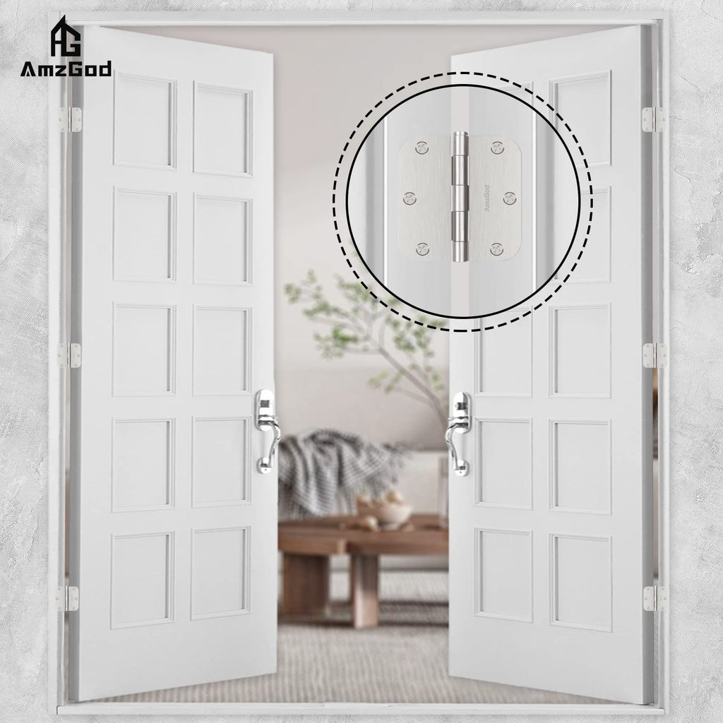 AmzGod Door Hinges Brushed Nickel - 42 Pack Nickel Door Hinges 3.5 Inch Rounded Interior Satin Nickel Door Hinge with 5/8" Radius - Flat Iron Residential Standard 3 1/2 Inches Silver Door Hardware