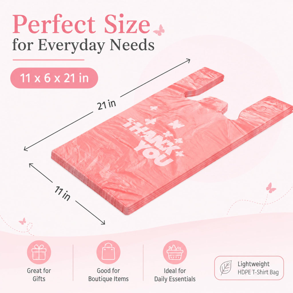 YoYoRain PINK Thank you bags, 800PCS T shirt bags, To Go Bags,Grocery bags, Reusable and Disposable,Perfect for Small Business,Take Out,Retails,11"x6"x21"(800)