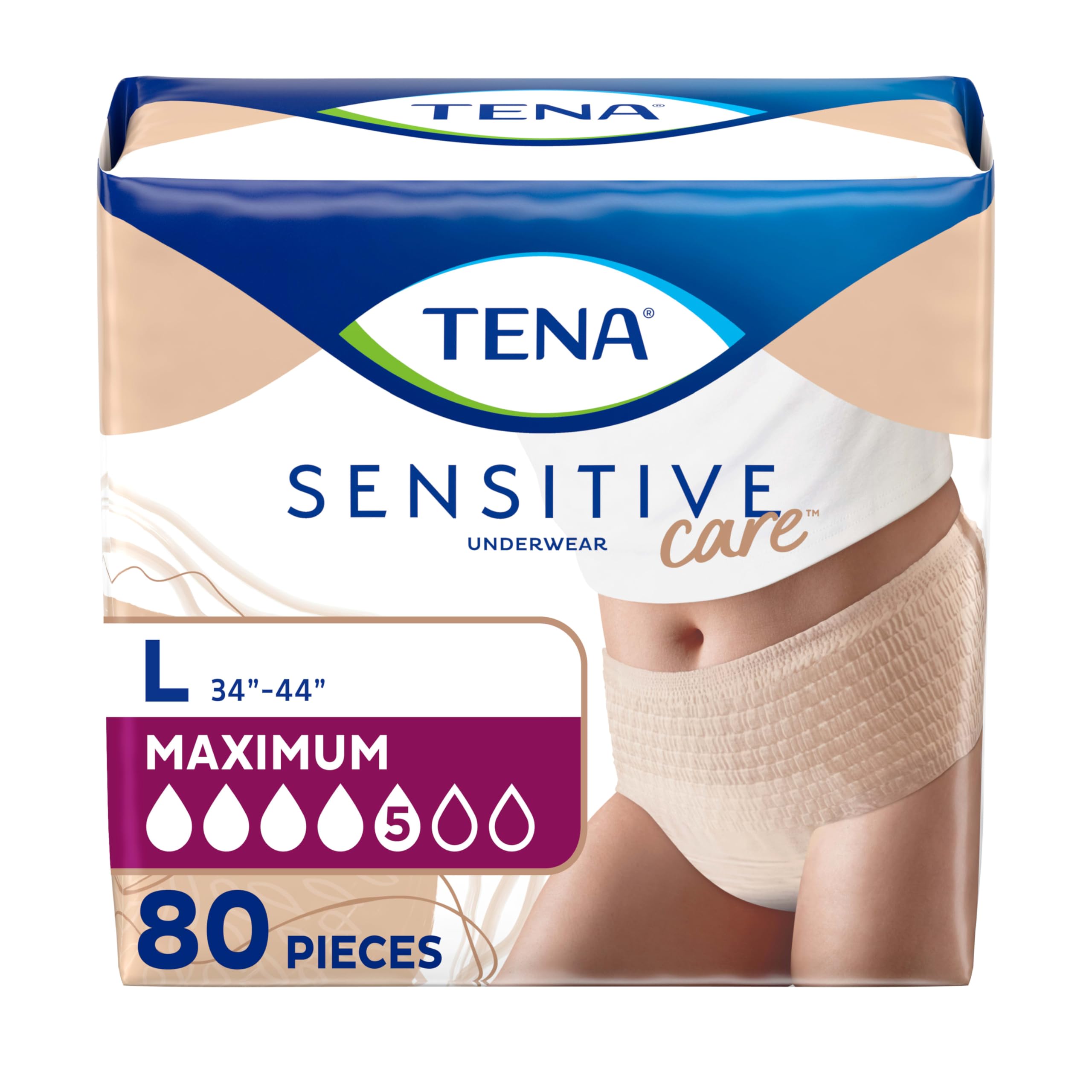 Tena Sensitive Care Adult Incontinence Underwear for Women, Maximum, L, 80 Count (Waist Size 34in-44in)