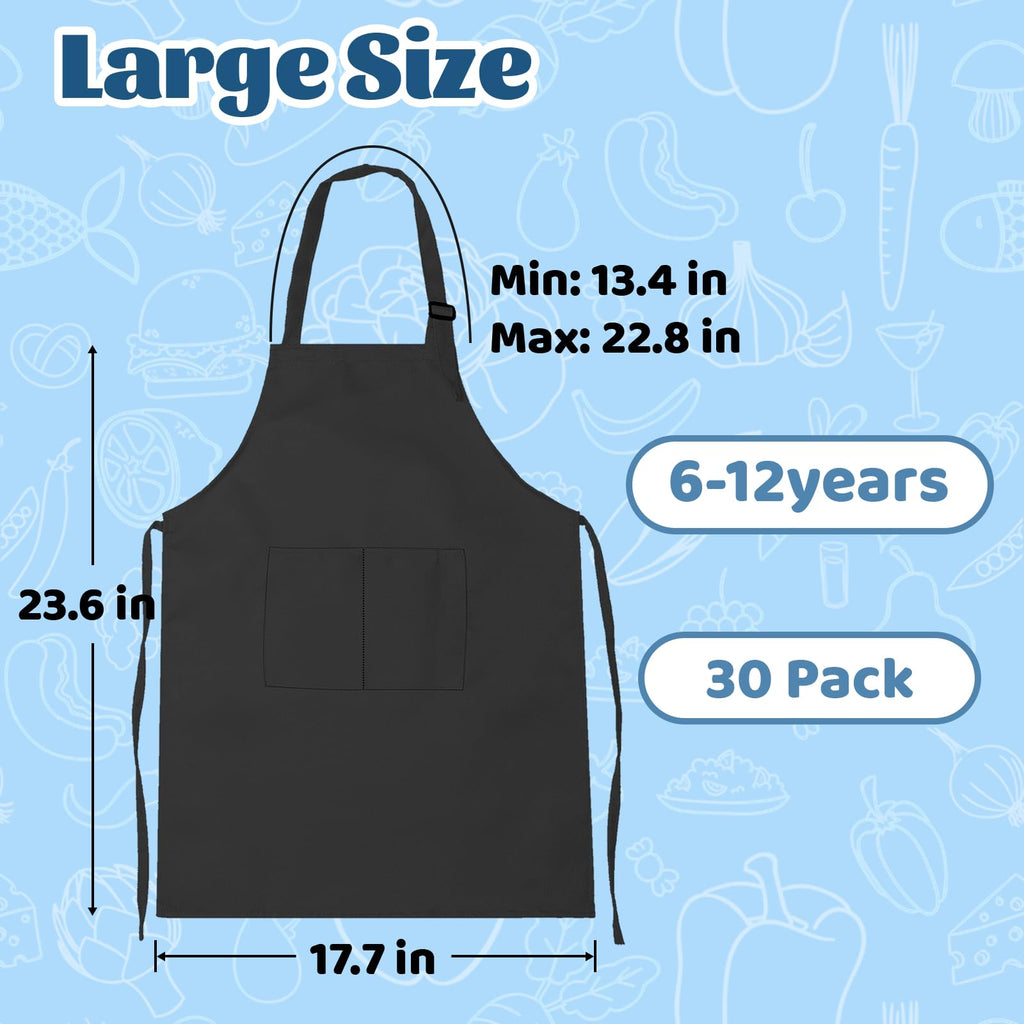 ZLEVEAYN 30 Pcs Kids Apron Bulk Adjustable Children Bib Aprons with Pockets for Girls Painting Kitchen Cooking Baking (Black, L)