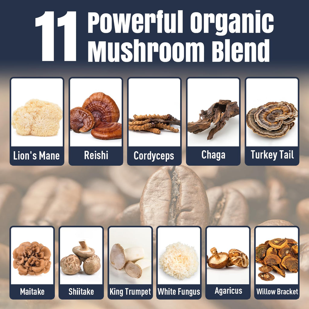 Mushroom Coffee, 11 Superfood Mushrooms includes Lion's Mane, Reishi, Chaga & Ashwagandha, Instant Mushroom Coffee Organic for Energy, Memory, Digestion & Detox, Low Caffeine & Sugar Free, 5.3oz