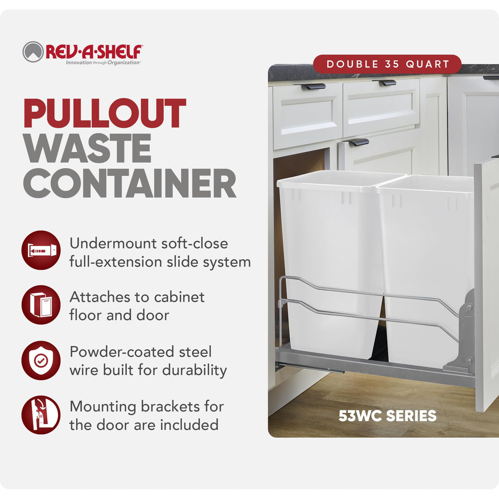 Rev-A-Shelf Double 35 Qt Pullout Trash Cans with Soft-Close for Under Kitchen Cabinets, Min Opening Width of 14.5", White, 53WC-1835SCDM-211