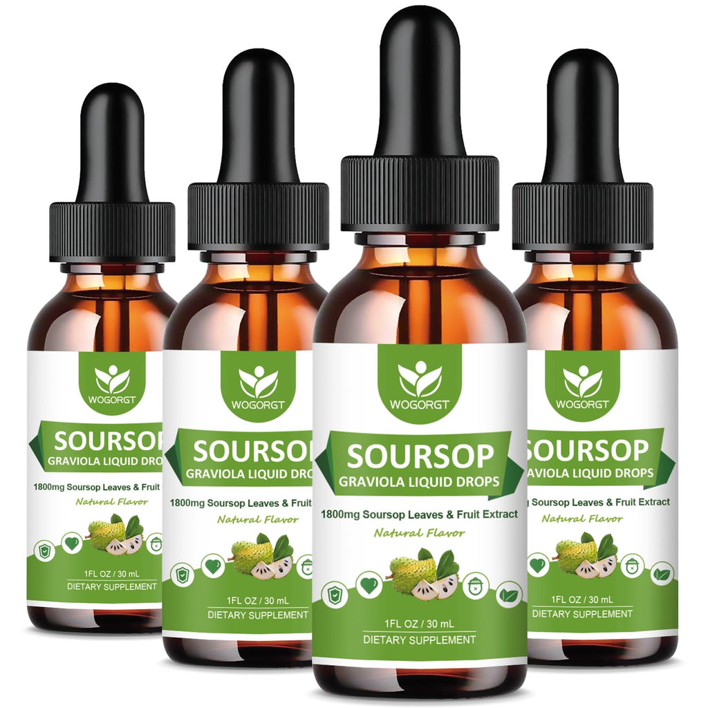 (4 Pack) Soursop Graviola Bitters Liquid Drops - Cell Support & Regeneration, Immune Support, Antioxidant, 1800mg Soursop Extract, High Absorption Sour sop Liquid Drops, Natural Flavor, 1 Fl Oz
