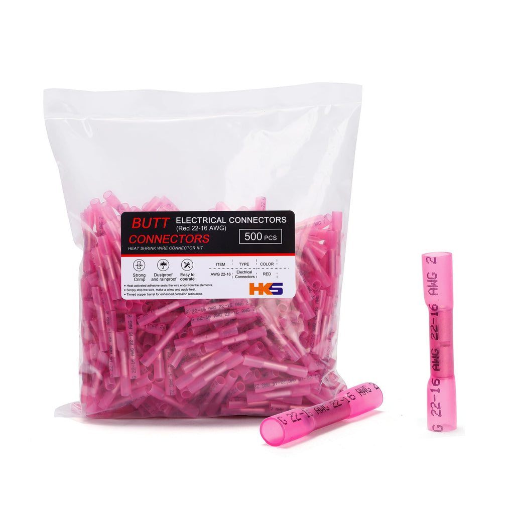 HKS 500 PCS Heat Shrink Butt Connector Red 22-16 AWG - Electrical Connectors - Tinned Red Copper 0.7mm - Automotive Marine Stereo Boat Crimp - Waterproof and Insulated