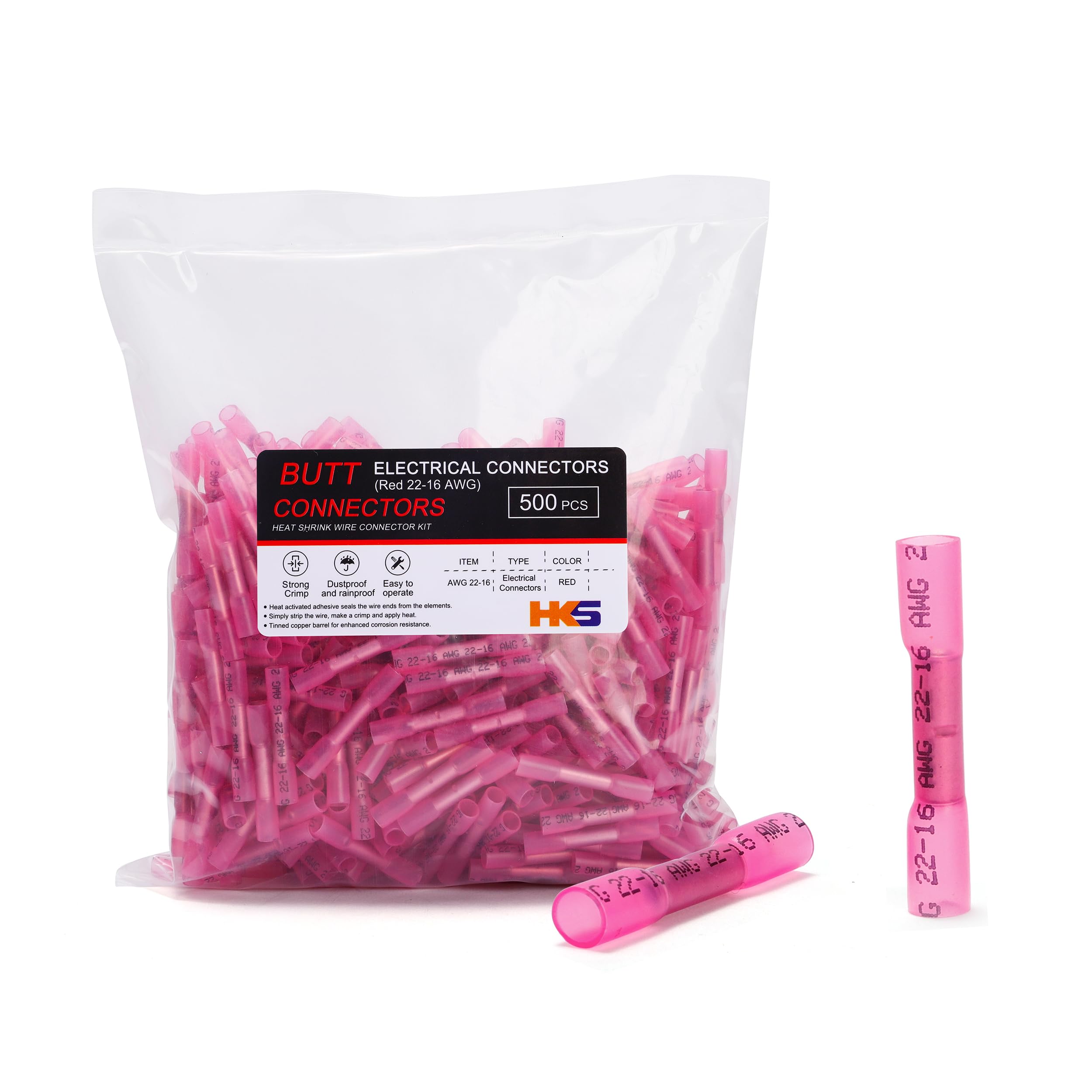 HKS 500 PCS Heat Shrink Butt Connector Red 22-16 AWG - Electrical Connectors - Tinned Red Copper 0.7mm - Automotive Marine Stereo Boat Crimp - Waterproof and Insulated