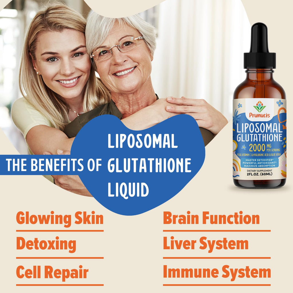 Prunucis 2000MG Liposomal Glutathione Liquid, 98% Absorption, Active Form L-Glutathione Supplement, Vegan Friendly, Powerful Antioxidant Complex for Immune System, Aging Defense, Detox, 2 FL.OZ