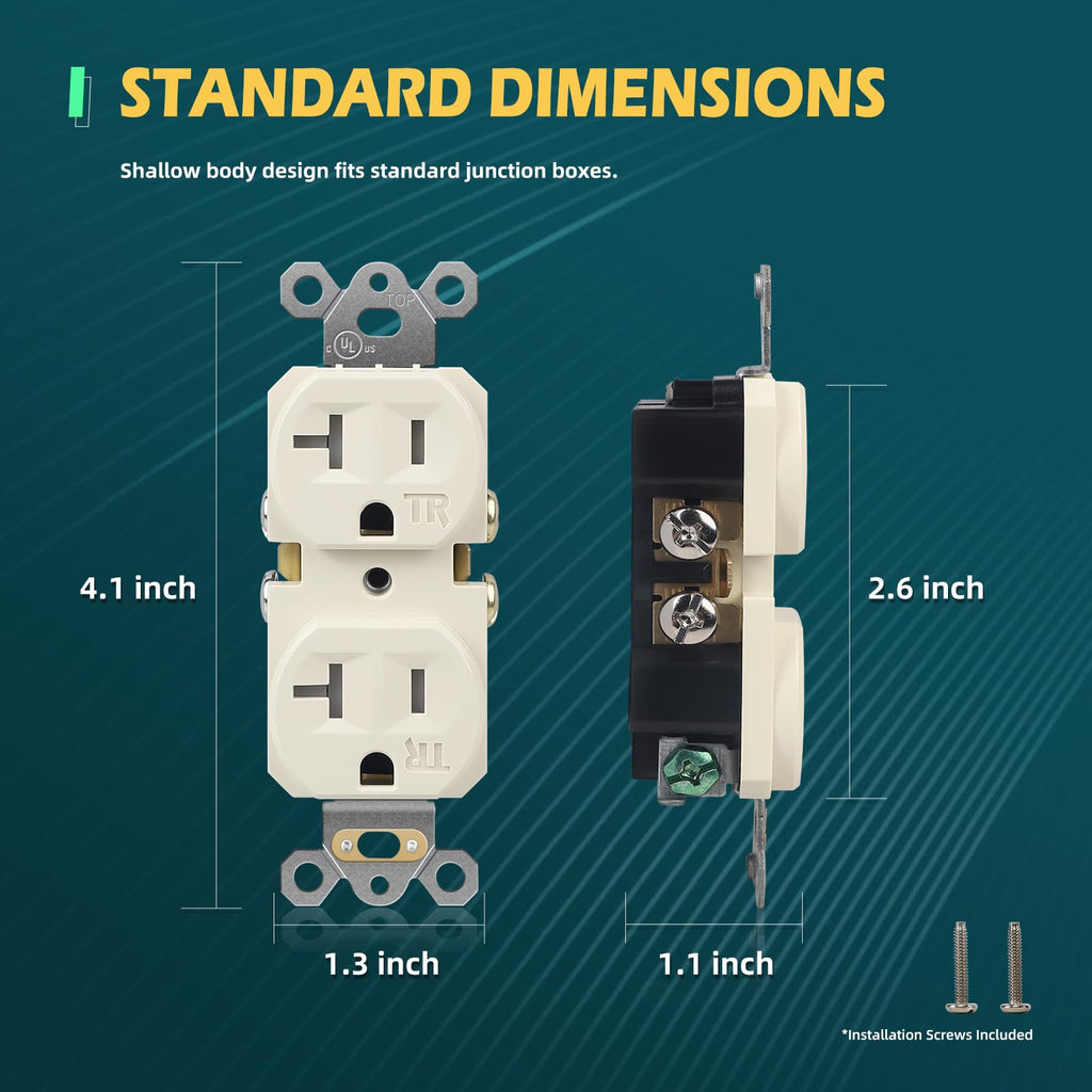 TOPELER 10 Pack Wall Electrical Outlets, Duplex Tamper-Resistant Receptacle Outlet, 20Amp 125V, 3-Wire, Self-Grounding, Push & Side Wire Wall Socket, UL Listed, Light Almond