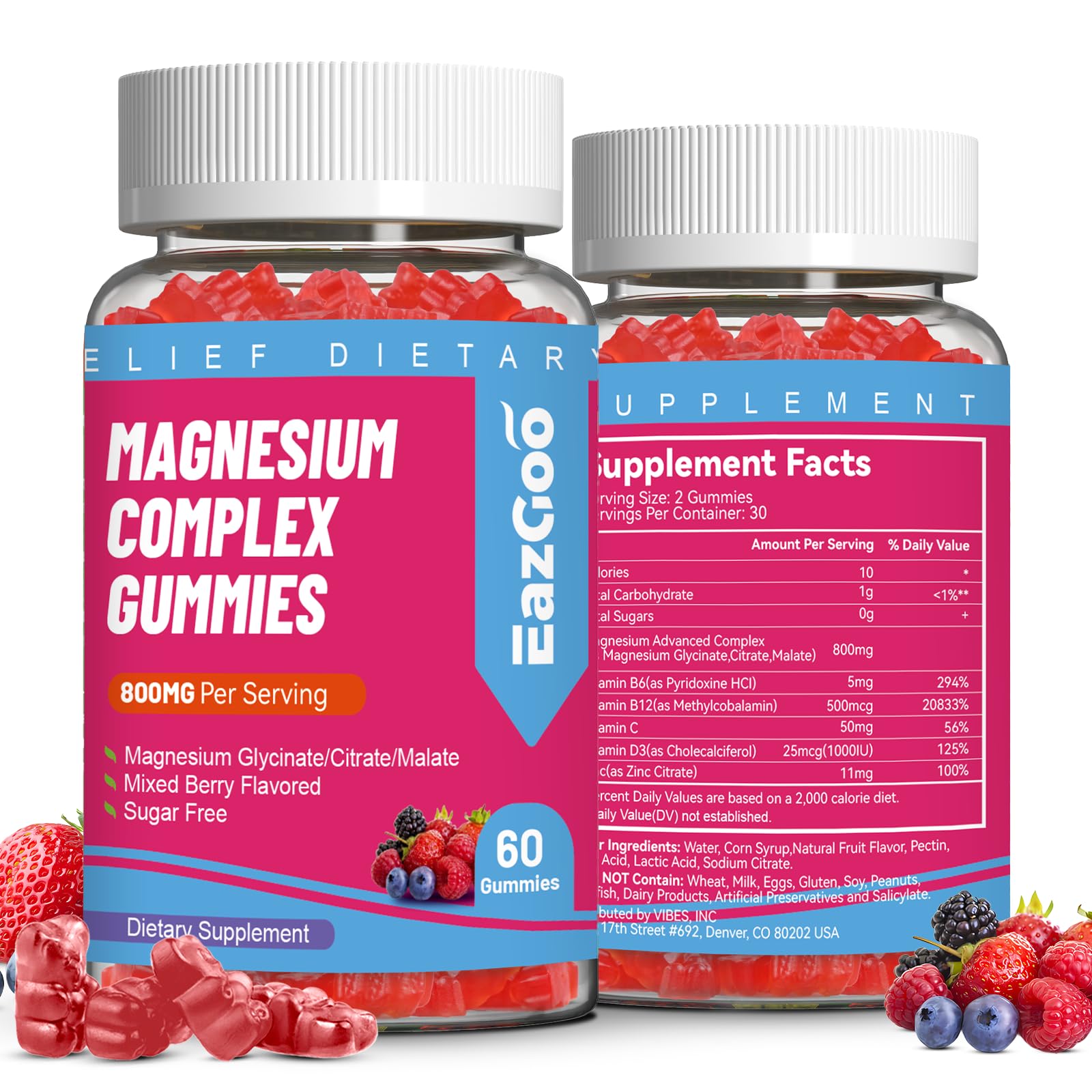 EAZGOO Magnesium Gummies 800mg - Vitamin D3, C, B6, B12 & Zinc Complex with Magnesium Glycinate, Citrate & Malate, Magnesium Complex Gummies for Muscle, Mood & Energy, Vegan 120 Counts