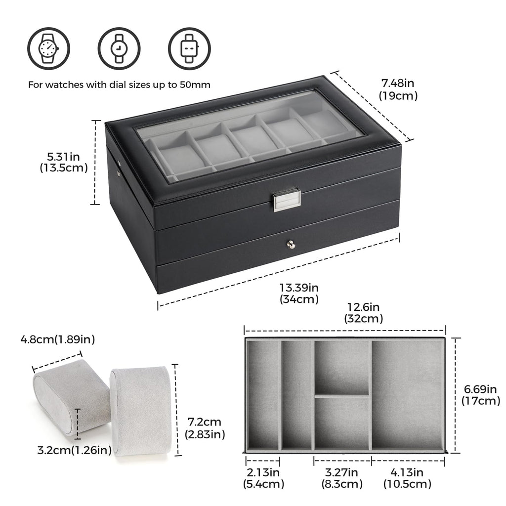 ProCase Watch Box, 12 Slot Watch Case for Men with Drawer, Black