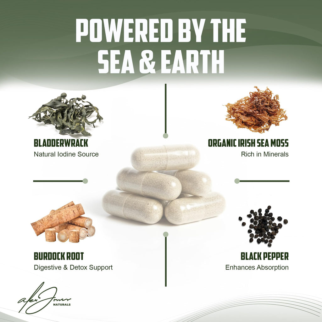 Alex Jones Ultimate Seamoss Capsules – Vegan, Non-GMO Seaweed Supplement w/Bladderwrack & Burdock Root – Immune Boost, Energy Support Sea Moss Supplements for Men & Women - 60 Nutrition Support Pills