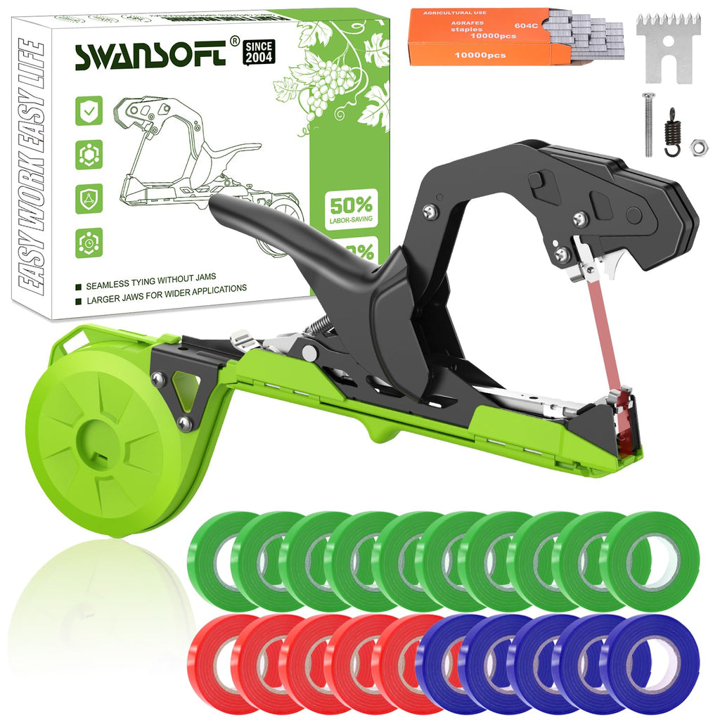 SWANSOFT Plant Tying Machine, Come with 10000pcs Staples 20 Rolls (Green)
