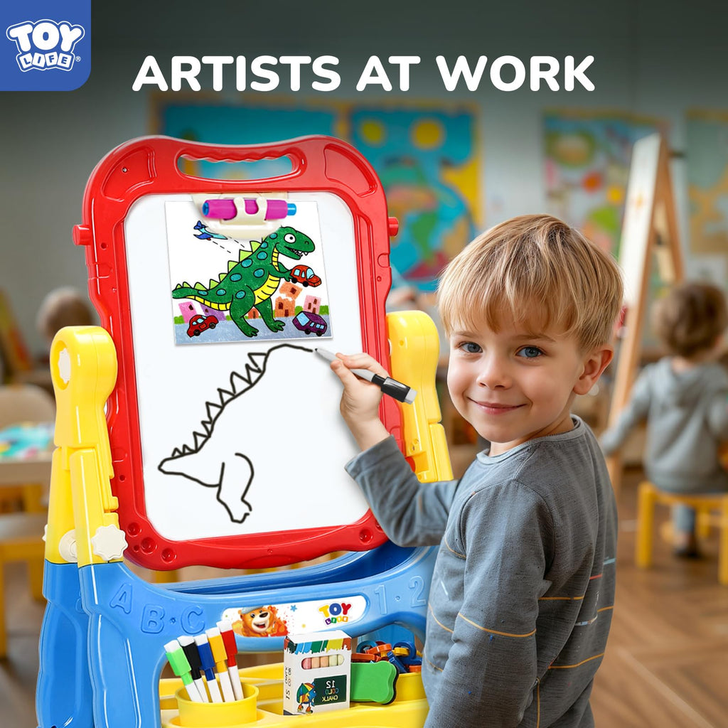 STEAM Life Large Art Easel for Kids, Double-Sided 4In1 Toddler Easel with Rotable Magnetic Chalkboard & White Drawing Board, Height Adjustable with Magnetic Letters & Numbers Gifts for Boys and Girls