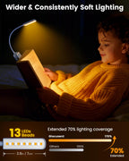 Glocusent 13 LED Rechargeable Book Light for Reading at Night, Eye-Caring 3 Amber Colors & Stepless Dimming, Lasts 1 Week to 2 Months, Travel Clip on Lamp, Gifts for Book Lovers, Men, Women & Kids