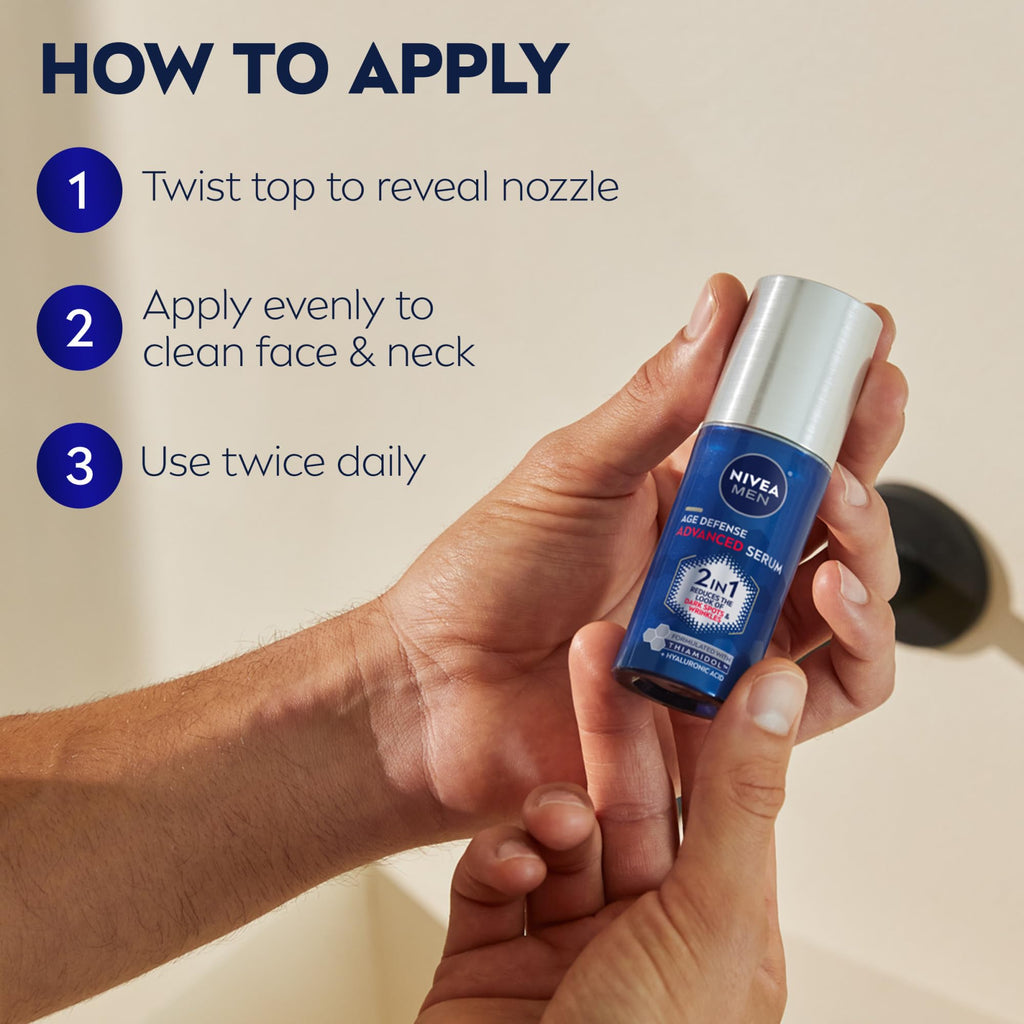 NIVEA MEN Age Defense Advanced Face Serum for Dark Spots with Thiamidol (TM) + Hyaluronic Acid, Fast-Absorbing Face Serum for Men Helps Reduce Look of Dark Spots, Fine Lines & Wrinkles, 1 Fl Oz Bottle