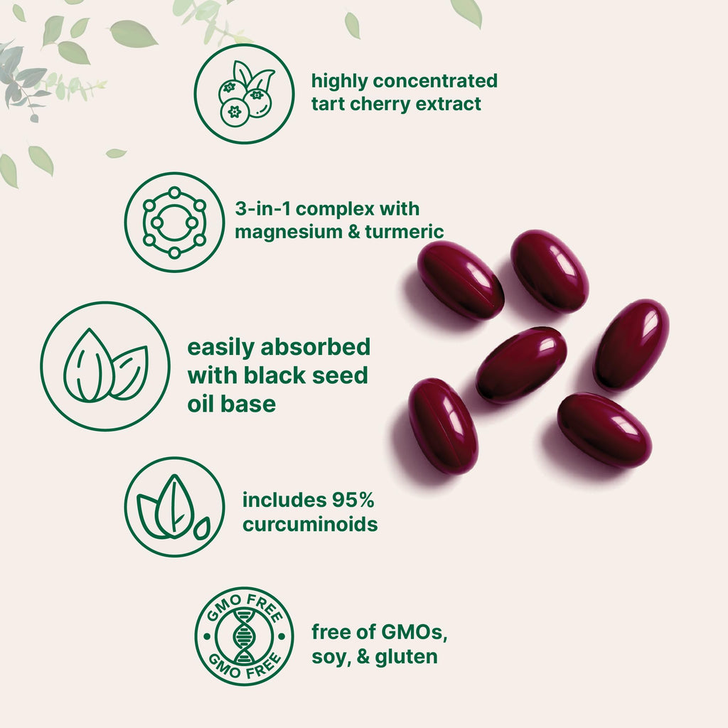 Tart Cherry+ with Magnesium Glycinate & 95% Turmeric Curcumin, 300 Softgels | Highly Bioavailable with Black Seed Oil Carrier | Extra Strength Tart Cherry Extract | Natural Herbal & Mineral Complex
