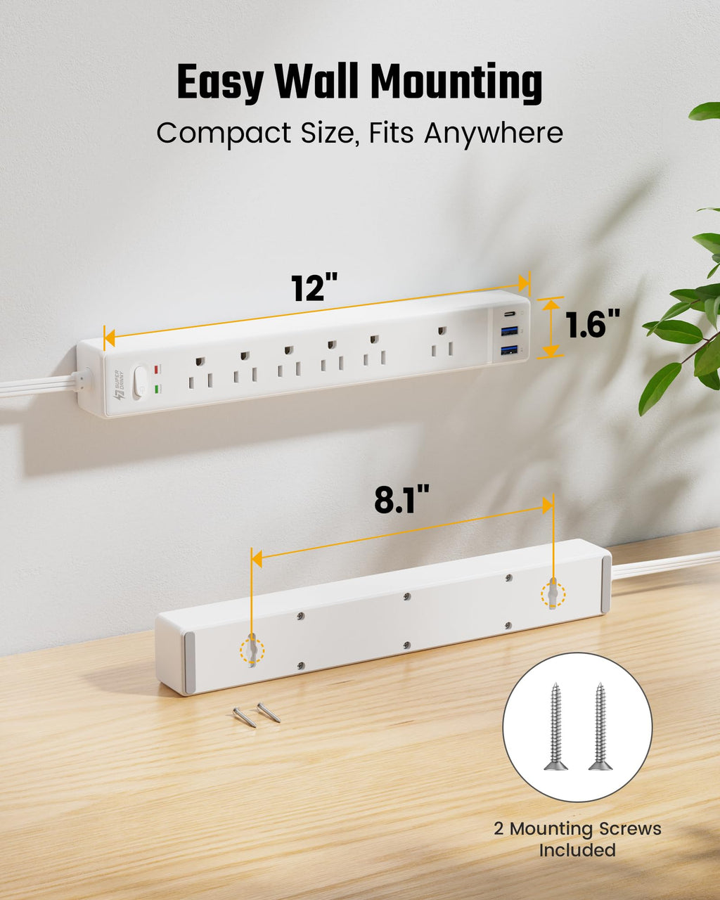 10Ft Flat Extension Cord with Multiple Outlets, Surge Protector Power Strip