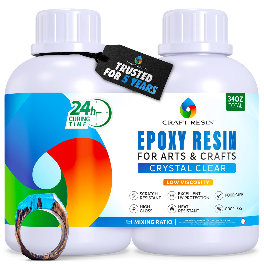 Craft Resin 34 Oz Crystal Clear Epoxy Resin Kit - Food Safe & UV Resistant for DIY Art, Wood, Jewelry Making, Coasters, Molds Casting Resin Epoxy - Low Viscosity, Self Leveling for Beginners & Pros