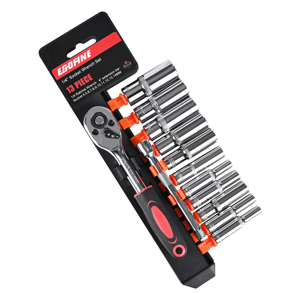 Egofine 13PCS 1/4" Drive Deep Socket Set,Metric(4-14MM),6-Point, Cr-V Steel