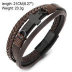 COOLSTEELANDBEYOND Men's Brown Layered Leather Bracelet With Black Cross Bar Centerpiece, Braided and Smooth Strap Design, Black Clasp Wristband, Modern Faith Style Accessory