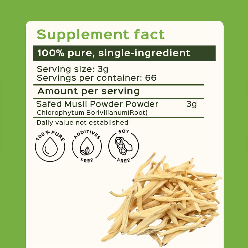 bixa BOTANICAL | Safed Musli Powder | Chlorophytum Borivilianum | Steam Treated Ayurvedic Root | Vegan | Non GMO | Clean Label | Strength and Vitality Support | 7 oz 200 g