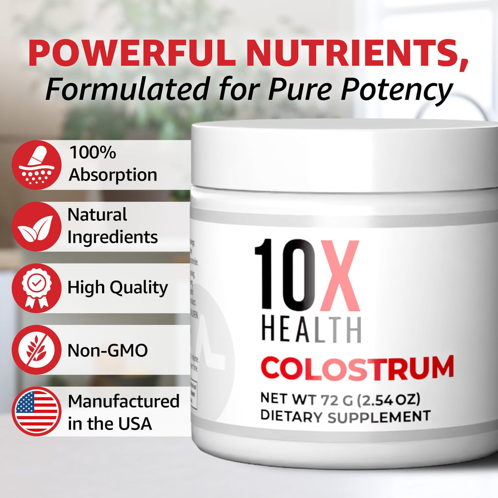 10X Health Bovine Colostrum Powder - Organic Colostrum Supplement Powder with Cat’s Claw Extract and Lactoferrin - Easy-Mix, Unflavored for Immunity & Gut Support - 60 Servings
