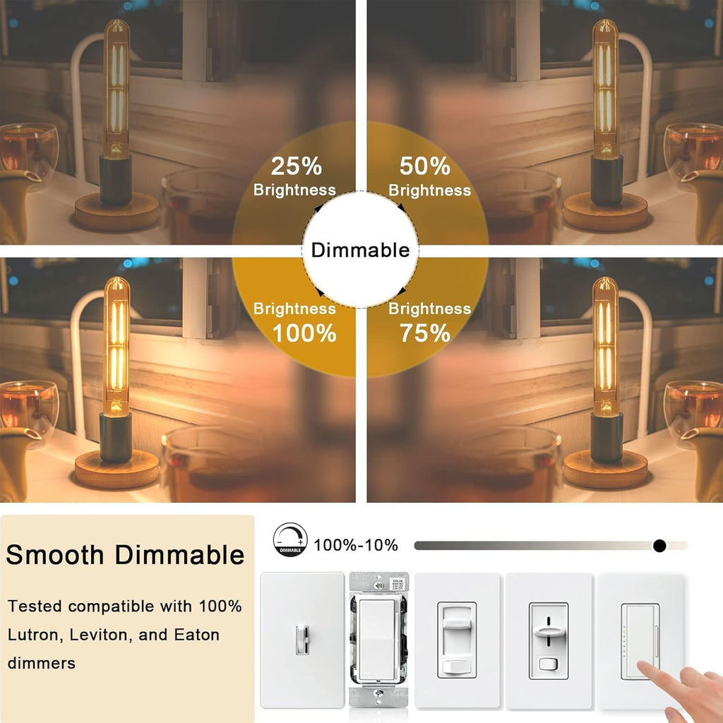NOVELUX 7.3 Inch 3000K Warm White Edison Bulbs Equal 80 Watt, 800LM E26 Led Bulb 6W Dimmable, T10 T9 Long Tubular Clear Glass Light Bulbfor Vanity Pendant Chandeliers Wall Sconces - UL Cert 2Pack