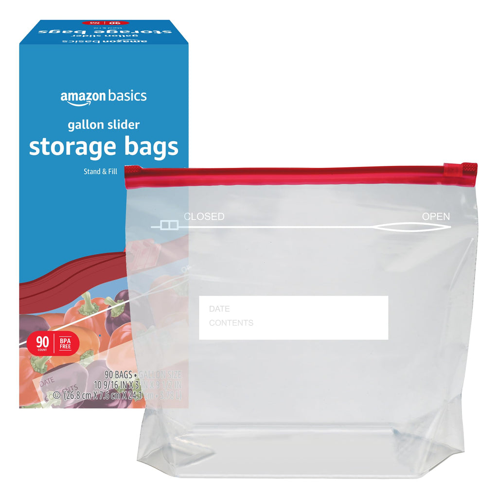Amazon Basics Slider Gallon Food Storage Bags, BPA Free, Stand-Up Bottom, Easy to Fill, 90 Count