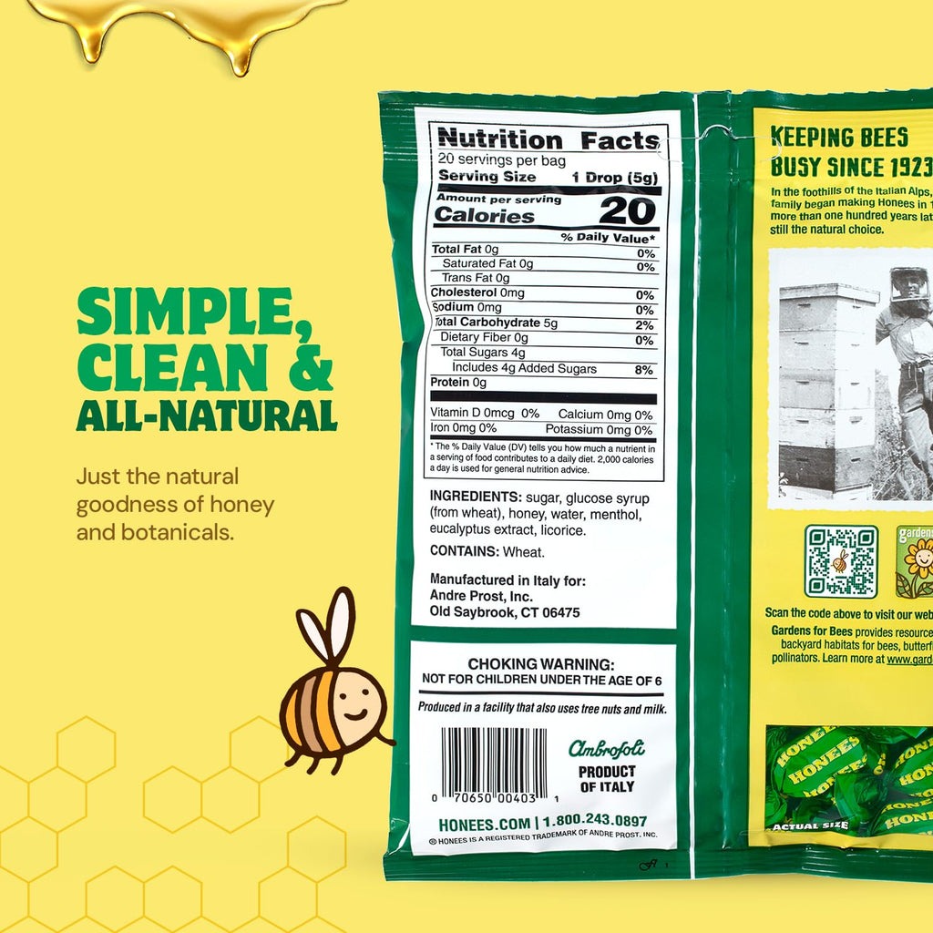 Honees Filled Menthol Cough Drops, Honey, Menthol & Eucalyptus Cough Drops- Natural Sore Throat Relief - Nothing Artificial -Throat Lozenges, Non-GMO (5 Pack - 100 Drops)