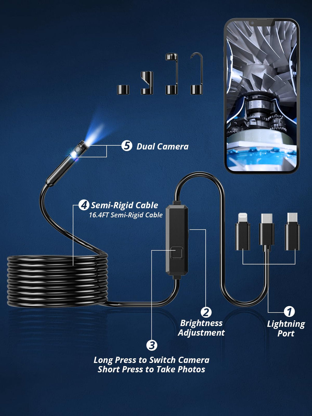 Acoath Endoscope Camera with Light, Dual-Lens 1920P HD Borescope with 8 Adjustable LED Lights, IP67 Waterproof Boroscope Inspection Tools, 16.4ft Semi-Rigid Snake Camera for iOS & Android