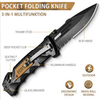 NedFoss Pocket Folding Knife Gift for Men DA75, 3 in 1 Pocket Knife for Men, 3.9” Serrated Blade, Survival Knife with Liner-Lock Belt Clip, Seat Belt Cutter, Glass Breaker, Tacical Gear, Hunting knife for Camping Hiking Outdoor