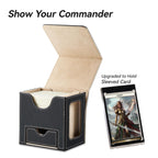 Mage Tech Card Deck Box for MTG Commander - Patented Design, Commander Display, Fits 100 Double-Sleeved Cards, 35pt Card Brick & Dice Tray - Black/Pale Gold