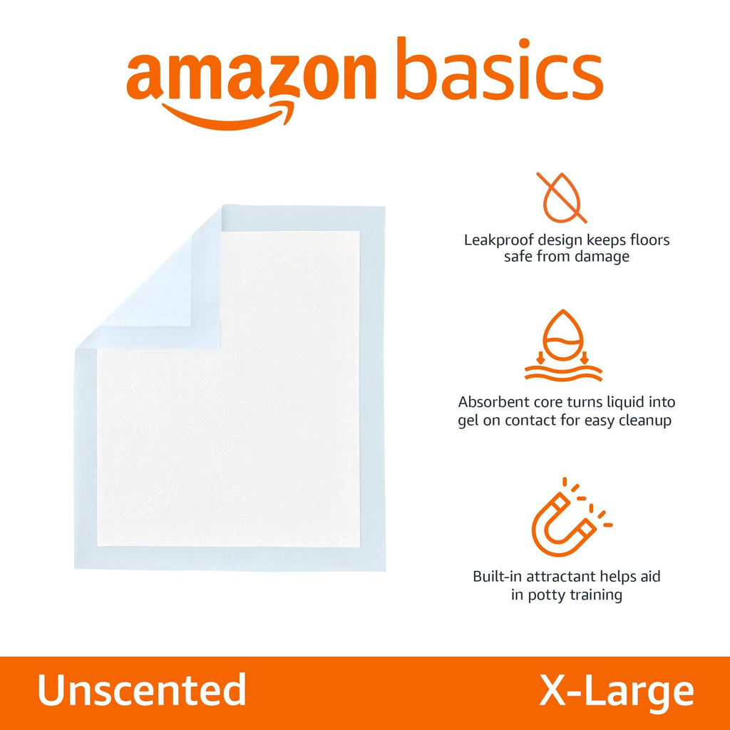 Amazon Basics Leak-Proof Dog and Puppy Potty Training Pee Pads with Quick-Dry 5-Layer Design, X-Large Size 28 x 34 Inch, Blue & White, 40-Pack